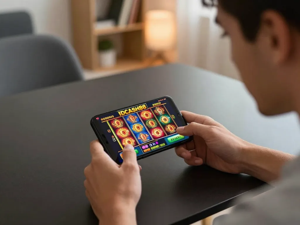 IDCASH88 player excited while spinning the reels on a smartphone in a cozy home setting.