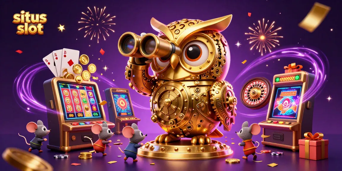 Engage with situs slot excitement featuring a golden owl overseeing vibrant slot games in an enchanting casino