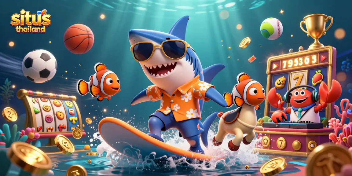 Situs Thailand showcases a vibrant underwater casino scene with a shark and animations, enhancing slot gaming excitement.