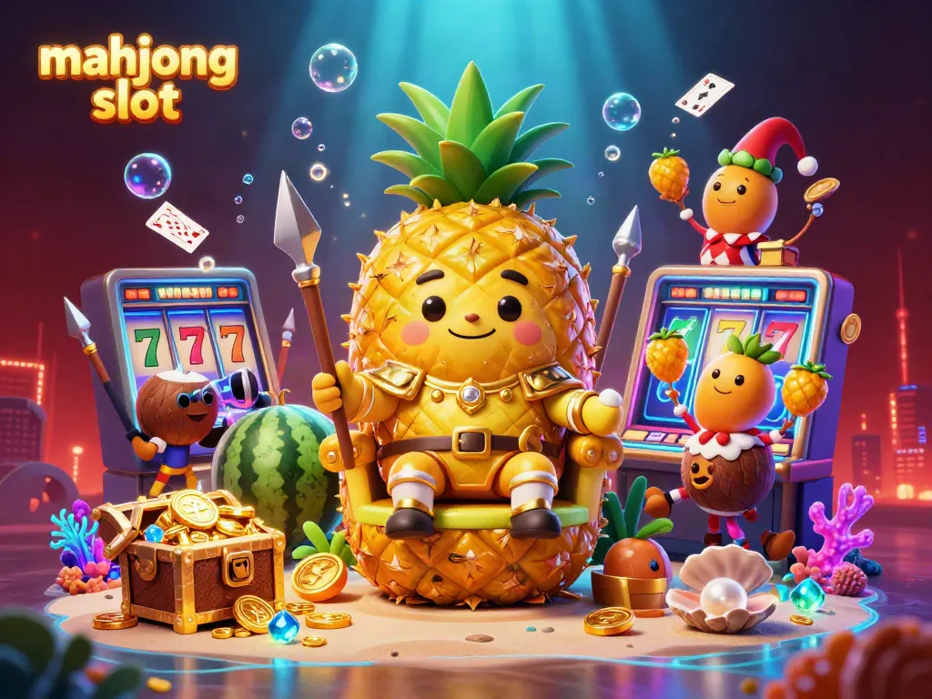 Slot mahjong yang menarik dengan raja nanas emas dan penjaga kelapa di kasino pantai.