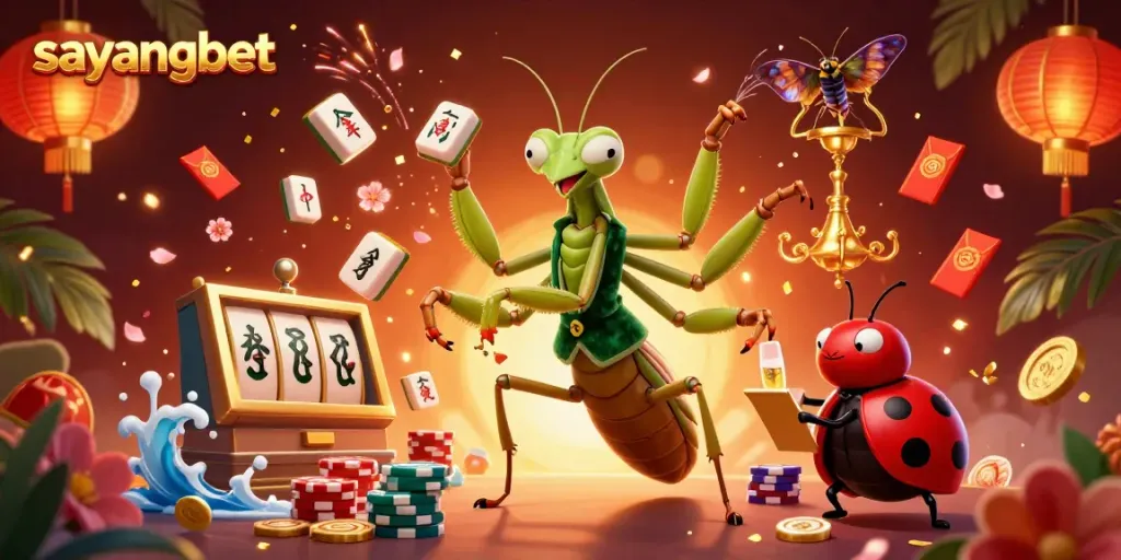 Experience the excitement at sayangbet with a vibrant 3D scene featuring unique characters and casino elements.
