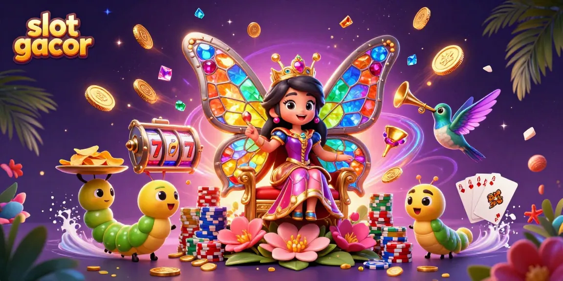 Slot gacor diwangun dalam ilustrasi kasino berwarna-warni, menampilkan elemen slot dan karakter menarik.