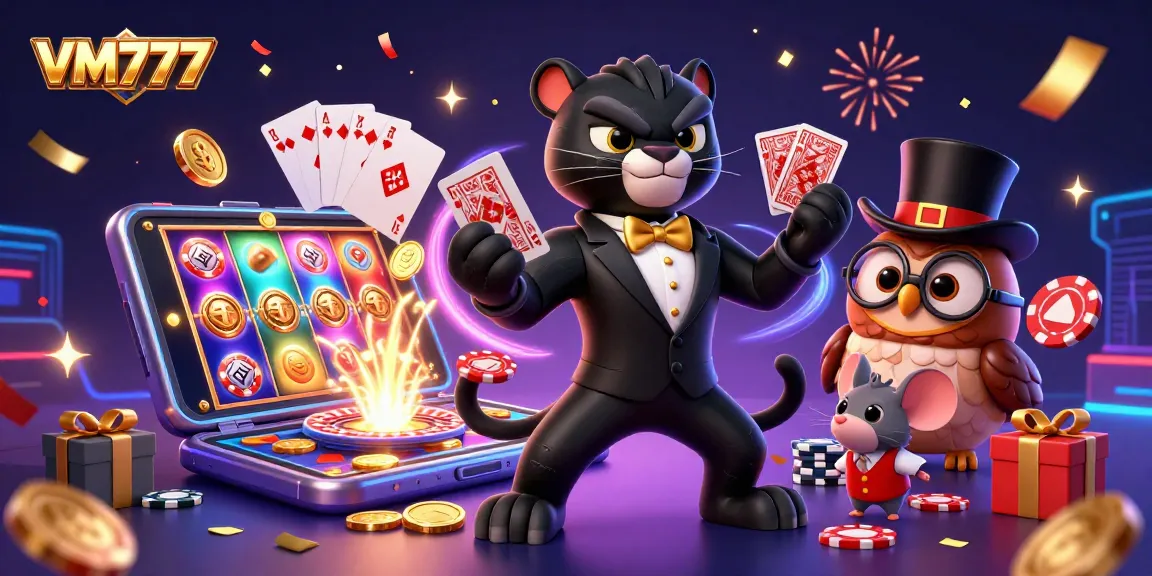 VM777 showcases a lively 3D casino scene with vibrant characters and engaging gaming elements.