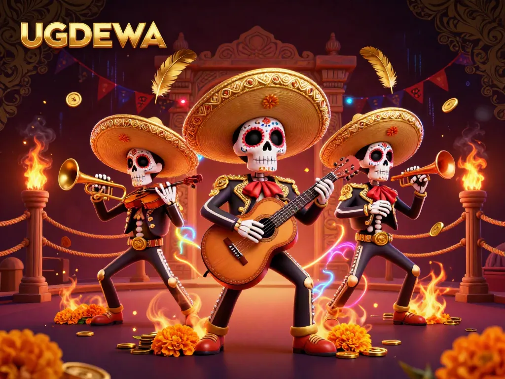 Engage with UGDEWA at our vibrant casino, featuring lively mariachi band skeletons amidst a rich gambling atmosphere.