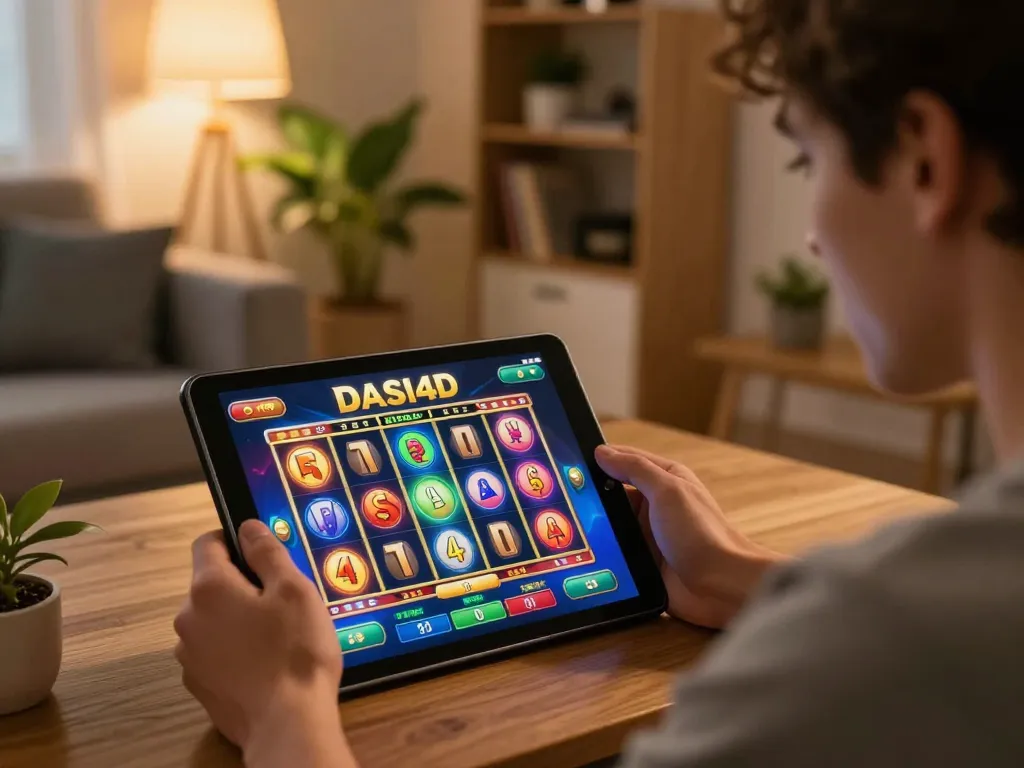Pemain terlibat dengan permainan slot DASI4D di tablet, menunjukkan pengalaman perjudian online yang strategis.