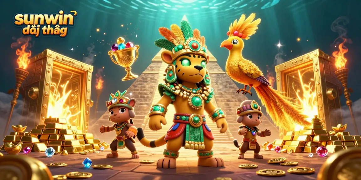 Experience sunwin đổi thưởng with this vibrant 3D illustration of a Mayan priest and treasures.