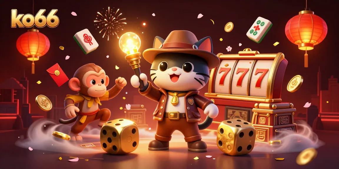 Experience the thrilling race at ko66 with an adventurous cat and monkey in a vibrant casino scene.