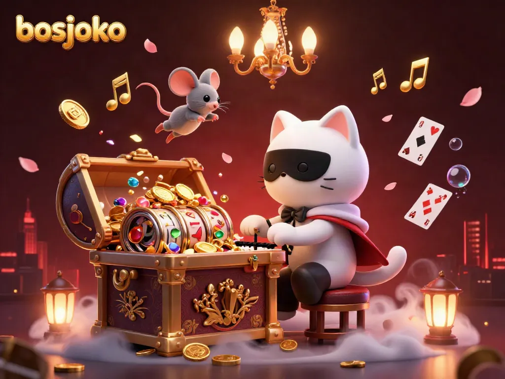 Experience thrilling spins and jackpots at bosjoko's lavish casino with a captivating phantom cat and vibrant game elements.