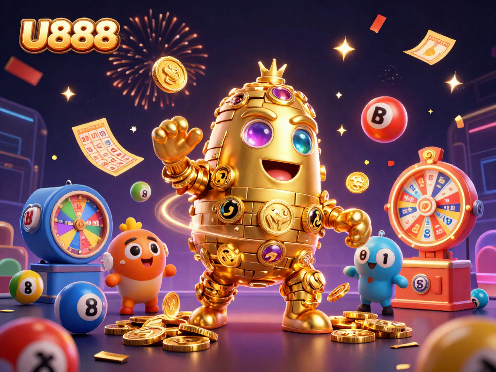 Experience thrilling gameplay at U888 with vibrant lottery and casino visuals in 3D illustration.