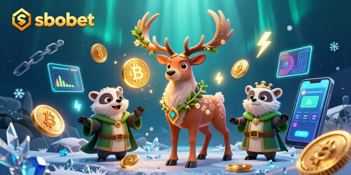 SBOBET sports betting illustration with Celtic stag and badger amidst crypto elements and vibrant casino themes.