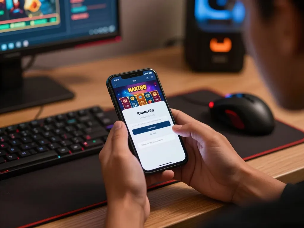 Access the mantra88 login screen with an engaging mobile gambling setup in a cozy room.