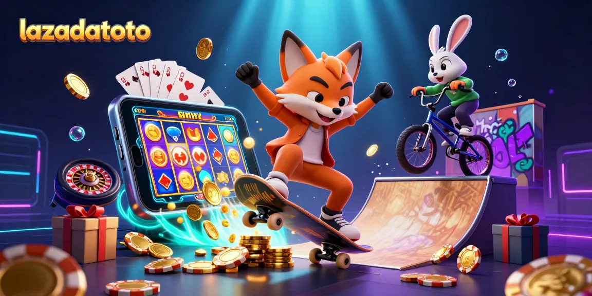 Experience thrill with lazadatoto as a skateboarding fox and BMX rabbit parade through a vibrant casino scene.