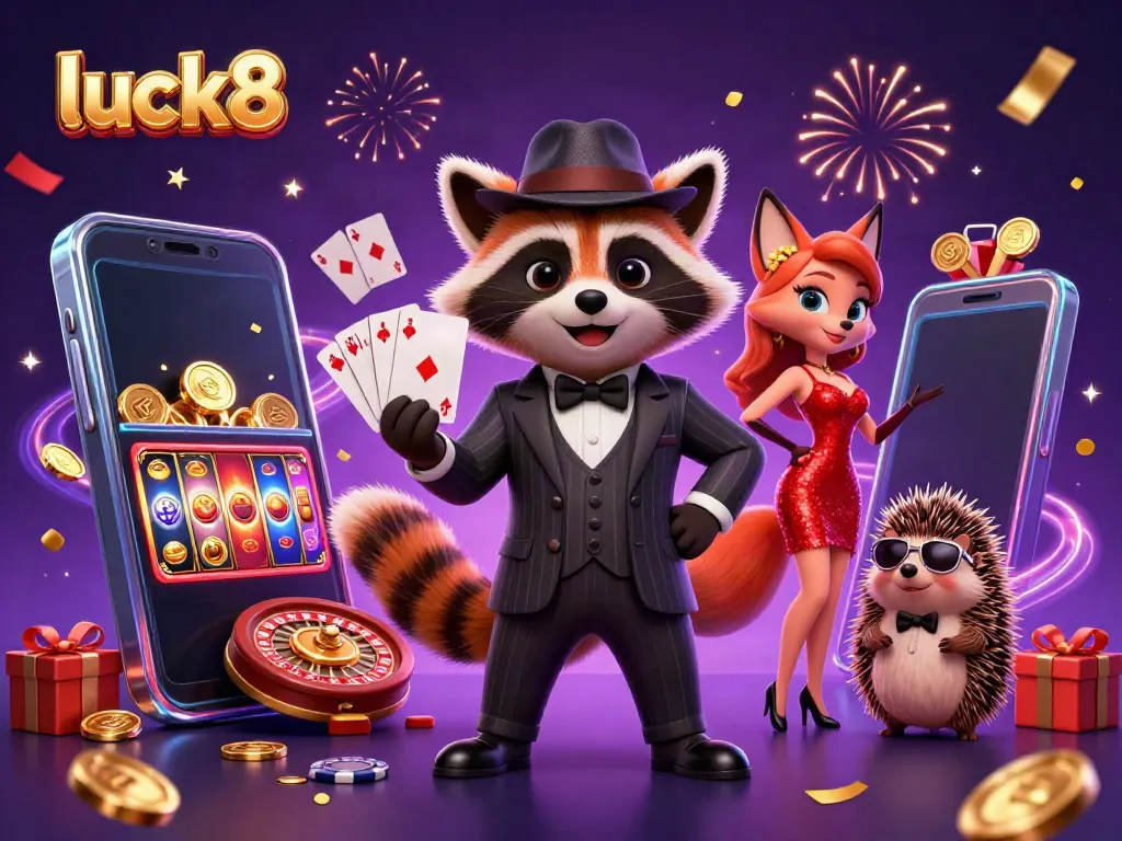 Play exciting games with luck8 featuring a raccoon, fox, and hedgehog in a 3D casino scene