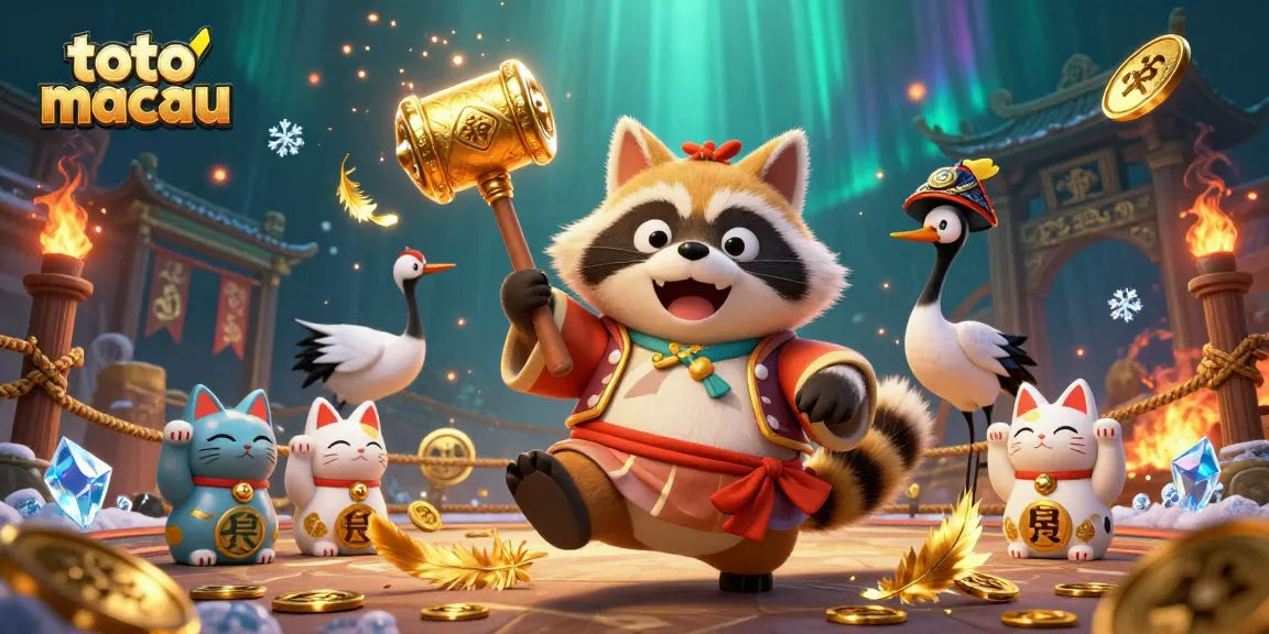 Toto Macau gaming experience portrayed with cheerful tanuki festival character and lucky elements.