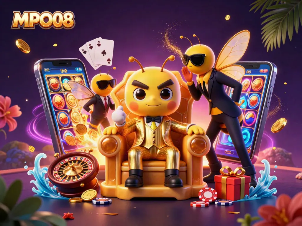 MPO08 bumblebee mob boss oversees a vibrant casino scene with gaming elements and dynamic energy.
