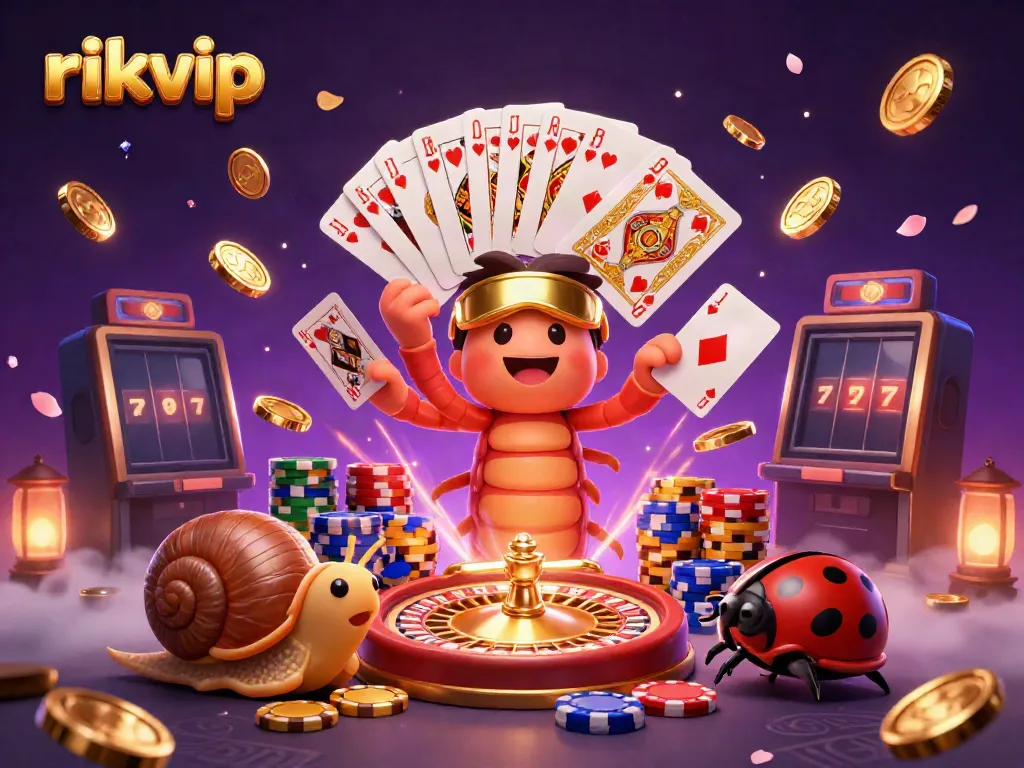 Engage with rikvip's thrilling games featuring a vibrant casino scene with dynamic characters and elements.