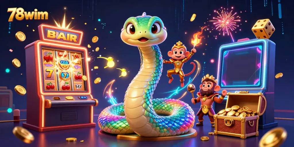 Player wins at 78wim with a vibrant 3D illustration of a serpent coiling around golden treasures.