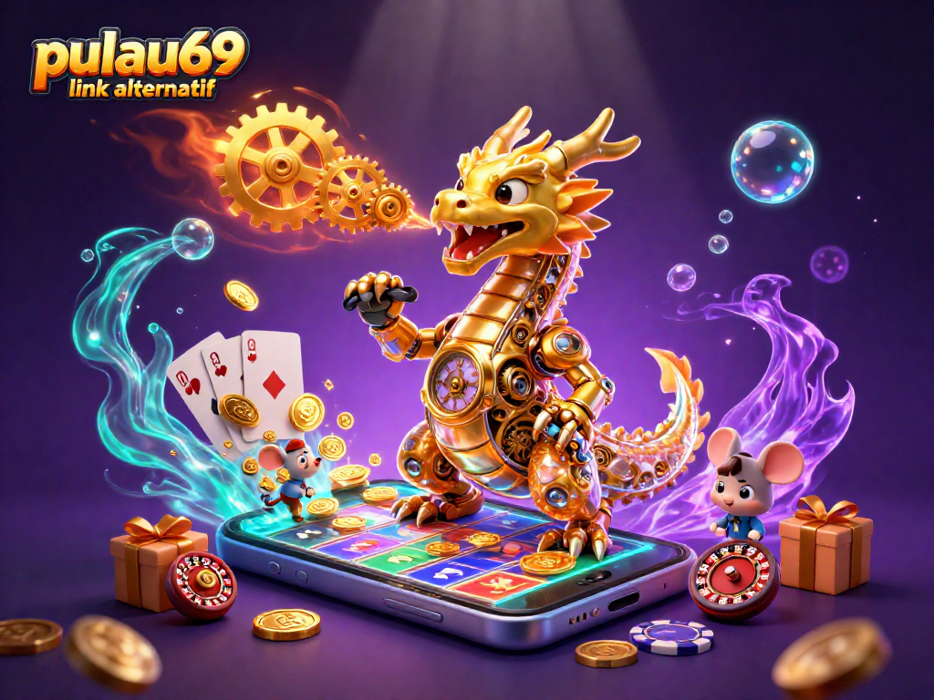 Engage in thrilling gameplay with pulau69 link alternatif amidst a vibrant 3D casino scene.
