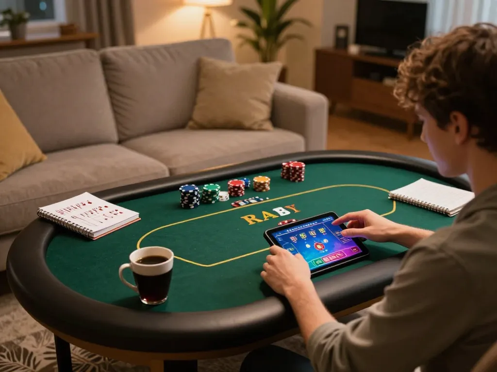 Engaging in sc88 poker strategies with an active game displayed on tablet, cozy atmosphere, and thoughtful gameplay.