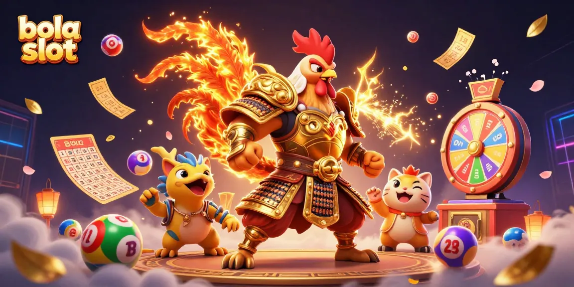Experience the thrill of bola slot with an action-packed illustration of winning characters and dynamic games.