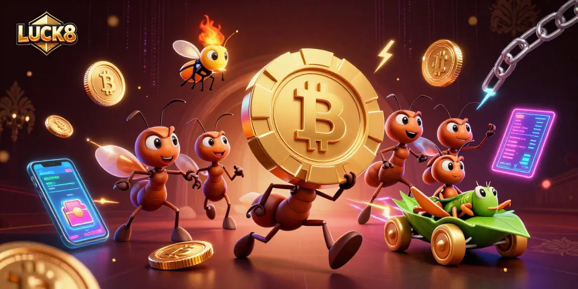 LUCK8 team of cartoon ants executing a heist in an exciting casino atmosphere.