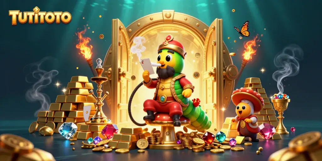 Engage with TUTITOTO's vibrant casino scene featuring a hookah-master and treasures.