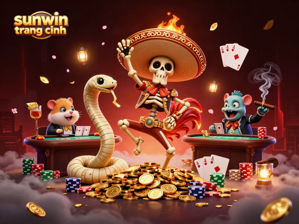 Experience the vibrant world of sunwin trang chính with lively casino characters celebrating among poker items.