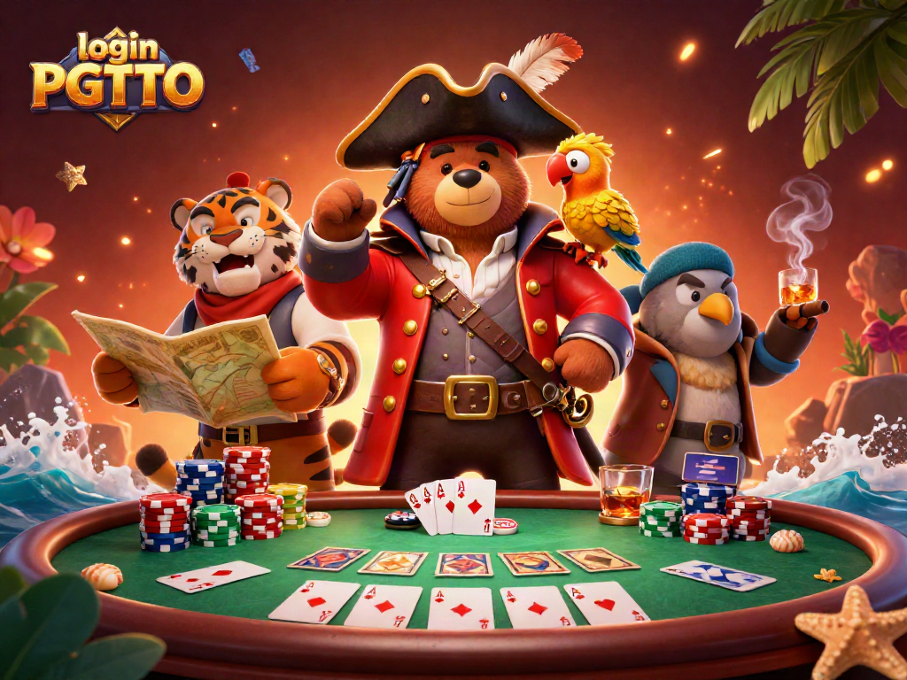Engage in thrilling poker moments with login PGTOTO, featuring a bear captain and vibrant casino elements.