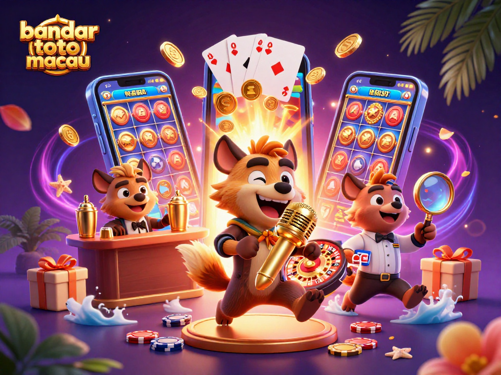 Aktifkan bandar toto macau dengan hyena kartun yang lucu beraksi di kasino dan permainan slot.