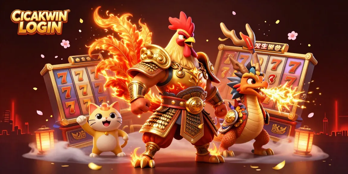 CICAKWIN LOGIN: Engage in thrilling slots with a powerful rooster warrior amid vibrant gaming elements.
