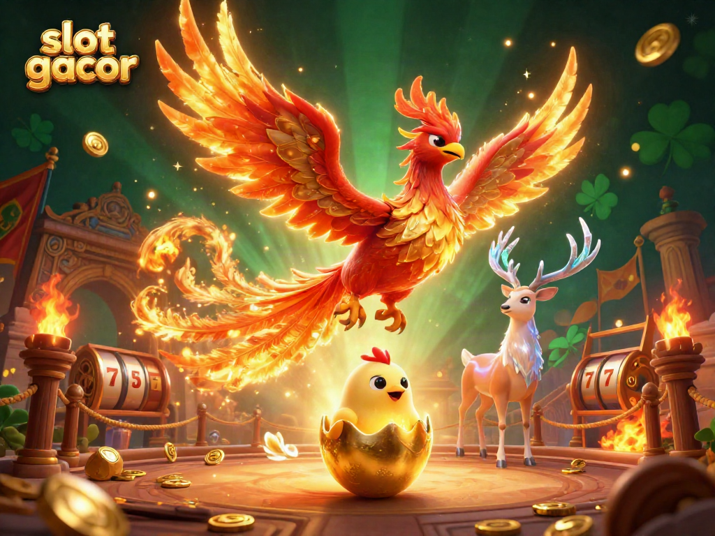 Spin to win with slot gacor as a phoenix rises above golden coins in a mystical casino scene.