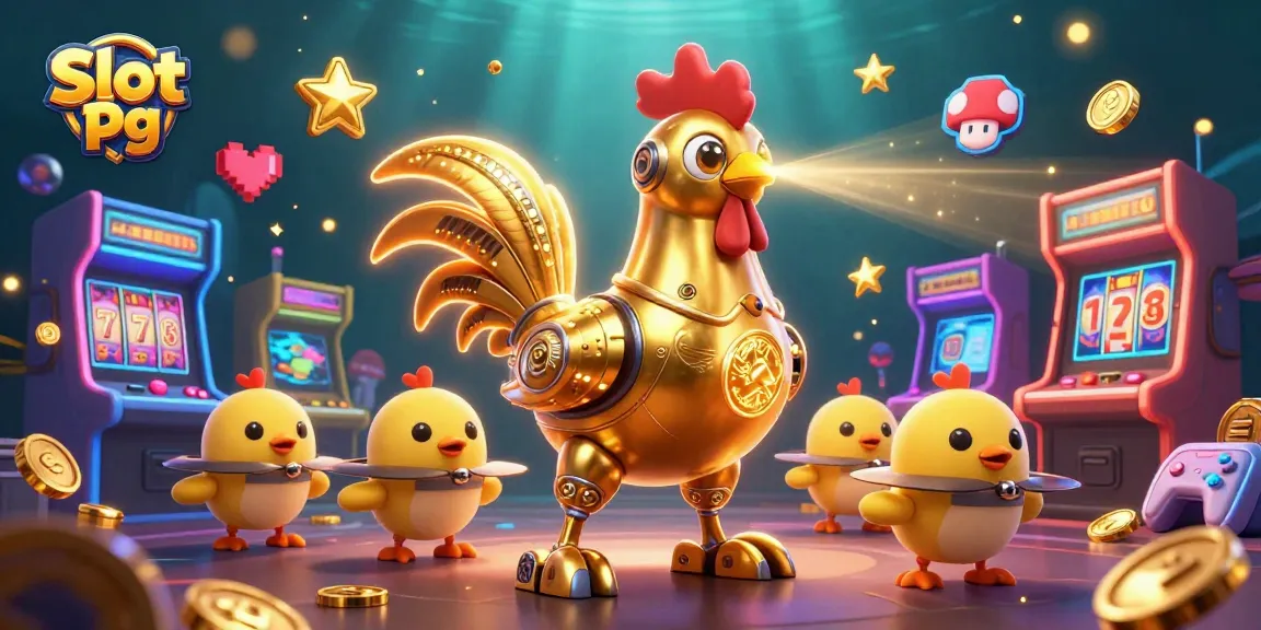 Engage in the excitement of Slot Pg, featuring a golden rooster robot surrounded by dazzling game elements.