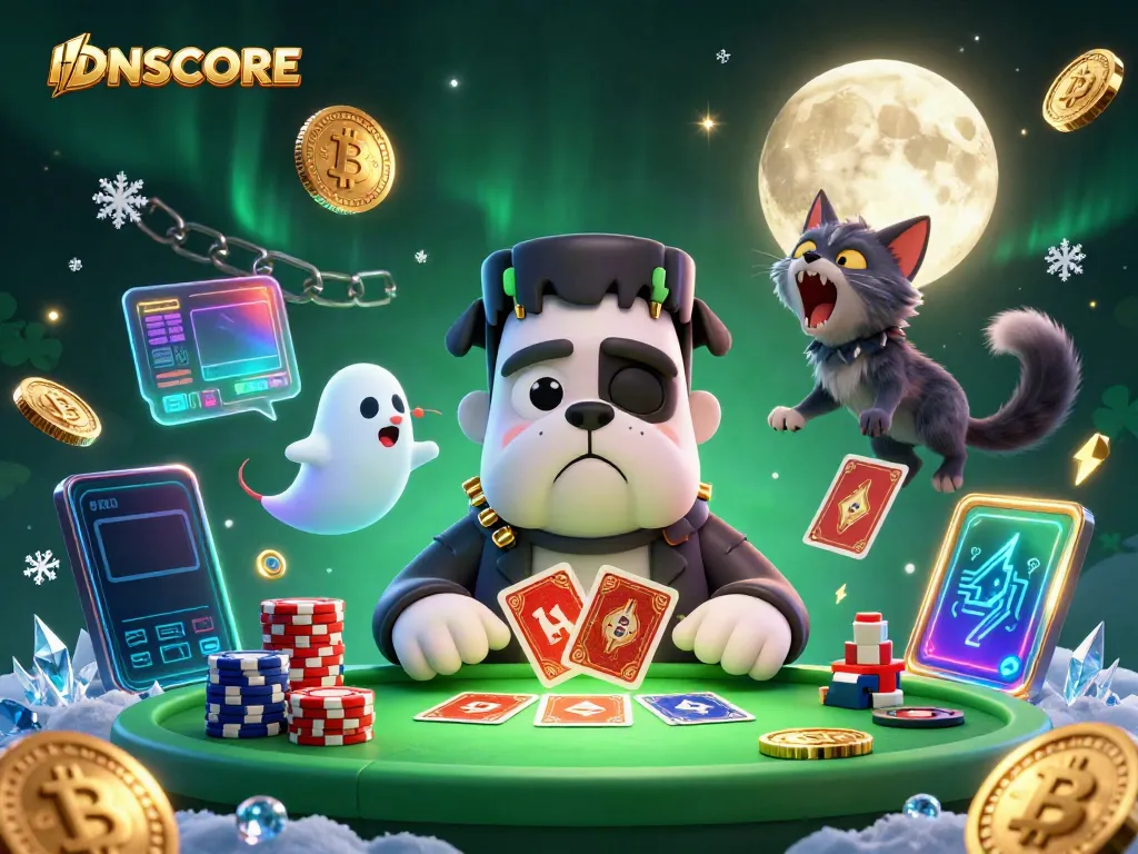 Experience the thrill of IDNSCORE with a vibrant 3D casino scene featuring a Frankenstein bulldog and ghost mouse.