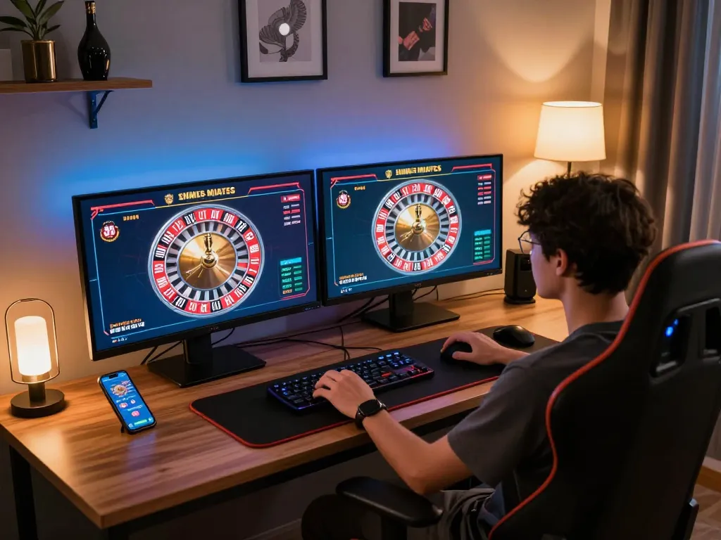 Player enjoying rokok88 online roulette game with dual monitors and modern decor.