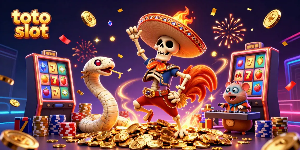 Spin the lucky ‘toto slot’ reels with vibrant casino characters in a celebratory scene filled with gold.