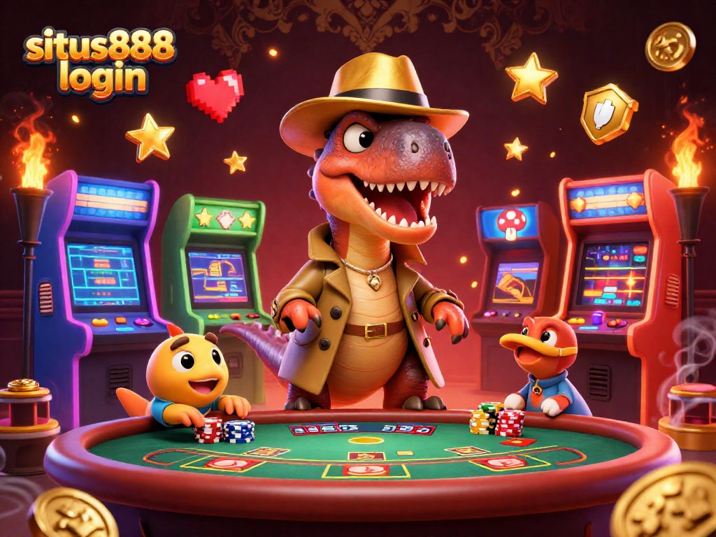 Engage with situs888 login at a vibrant casino scene featuring a velociraptor card counter and other playful characters.