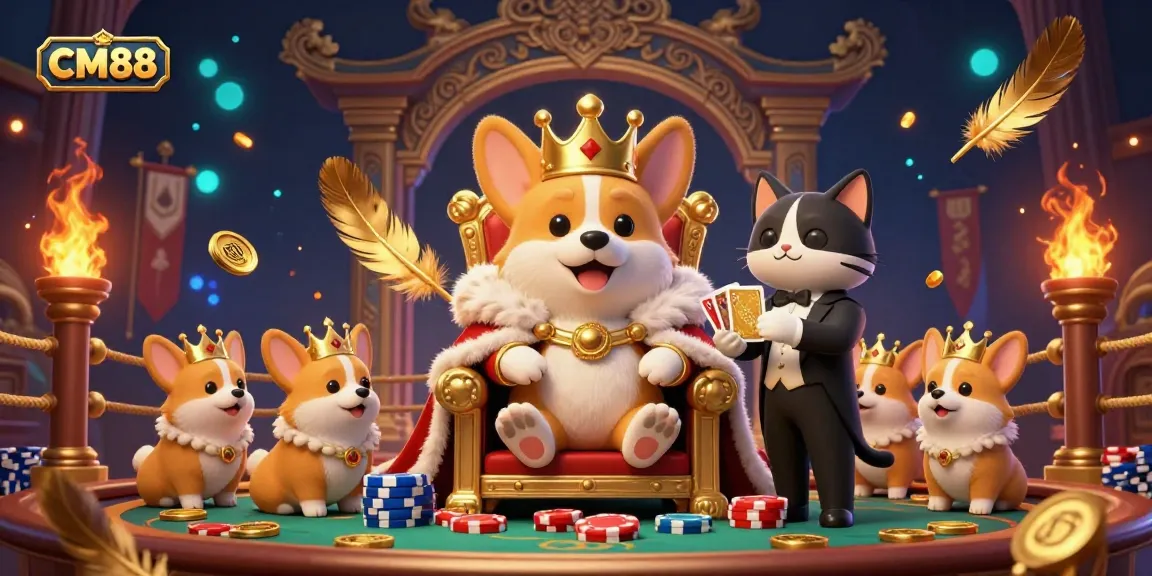 Engage in thrilling experiences with CM88, featuring a royal corgi on a poker chip throne amidst vibrant casino elements.