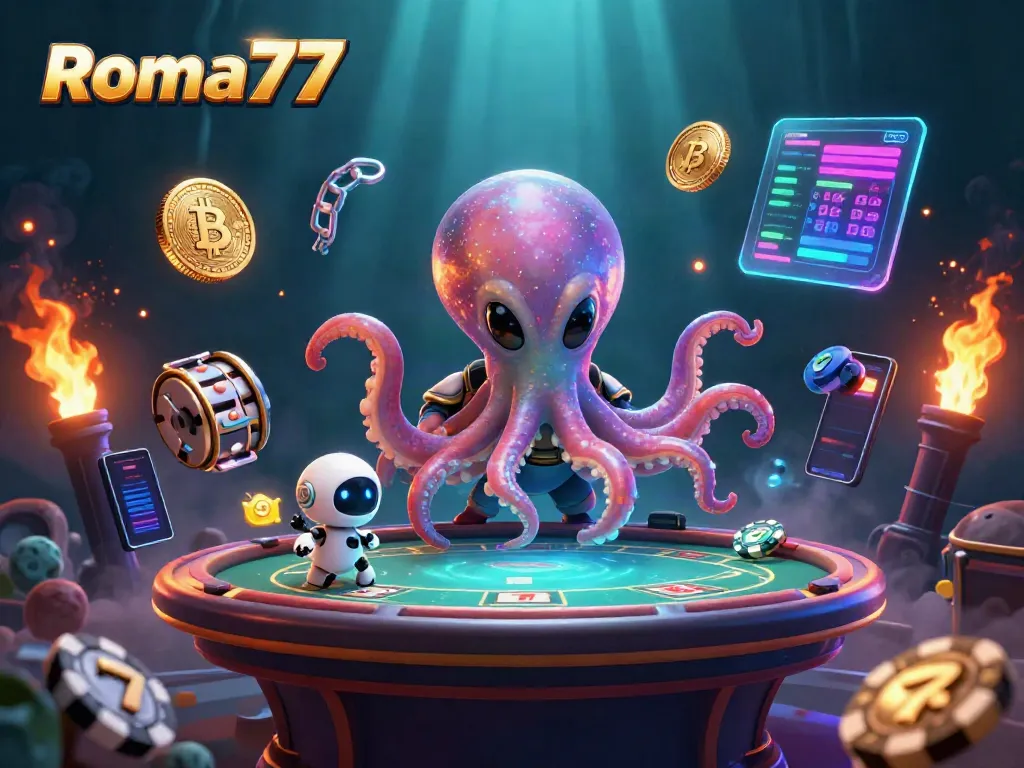 Engage in thrilling poker gameplay with Roma77, featuring an alien octopus and dynamic game elements.