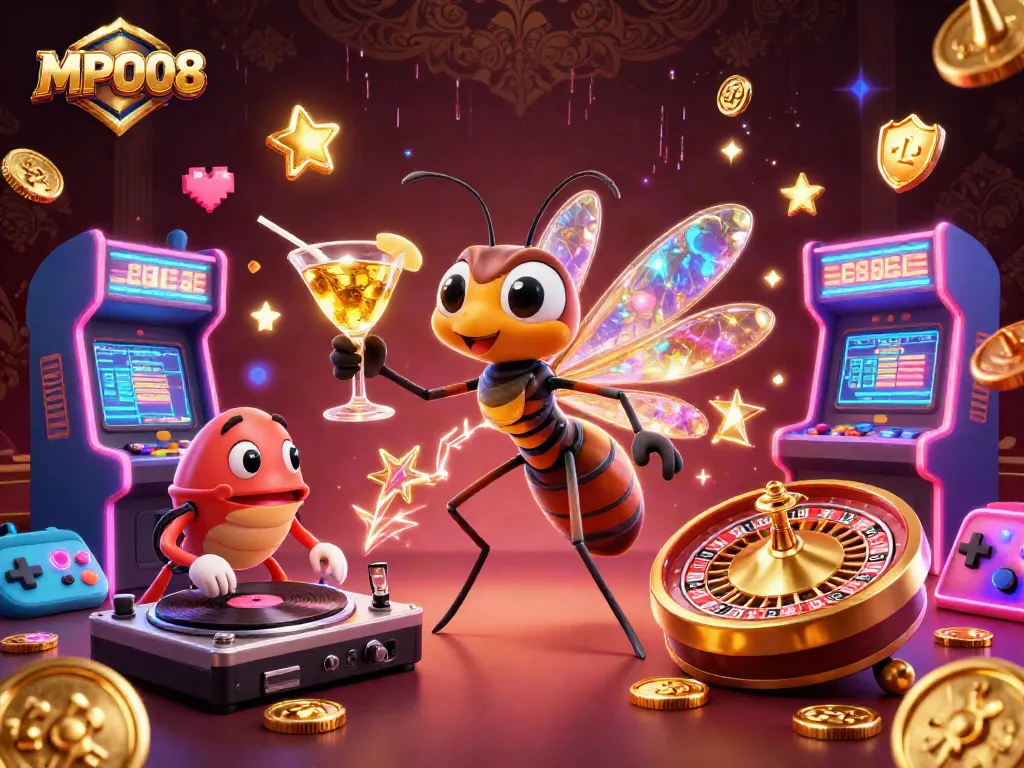 Engage with MPO08, the vibrant casino mascot mixing luck with excitement in a colorful gaming ambiance.