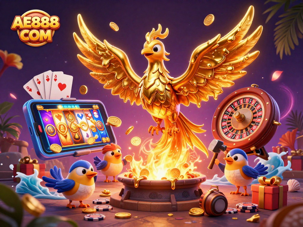 Unlock golden wins at AE888 COM with a vibrant 3D slot gaming scene alive with action.