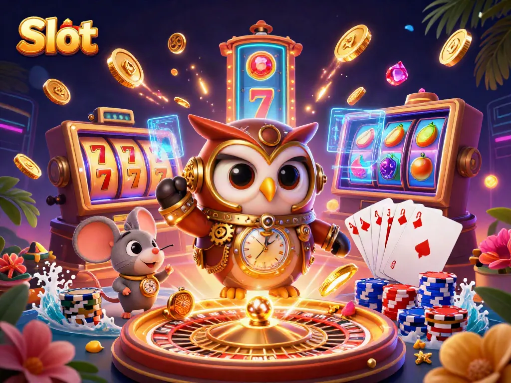 Mesin slot judi dengan simbol buah dan jackpot mengelilingi karakter burung hantu petualang.