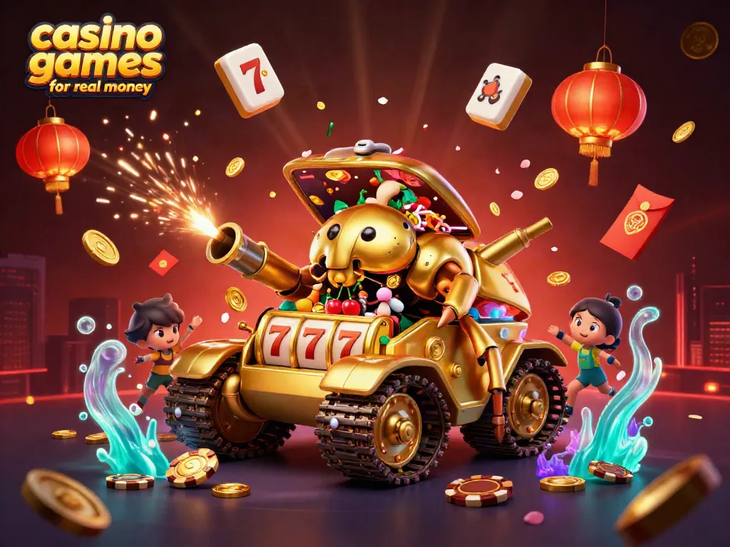 Engage in thrilling casino games for real money with a vibrant 3D illustration of a golden beetle tank casino.
