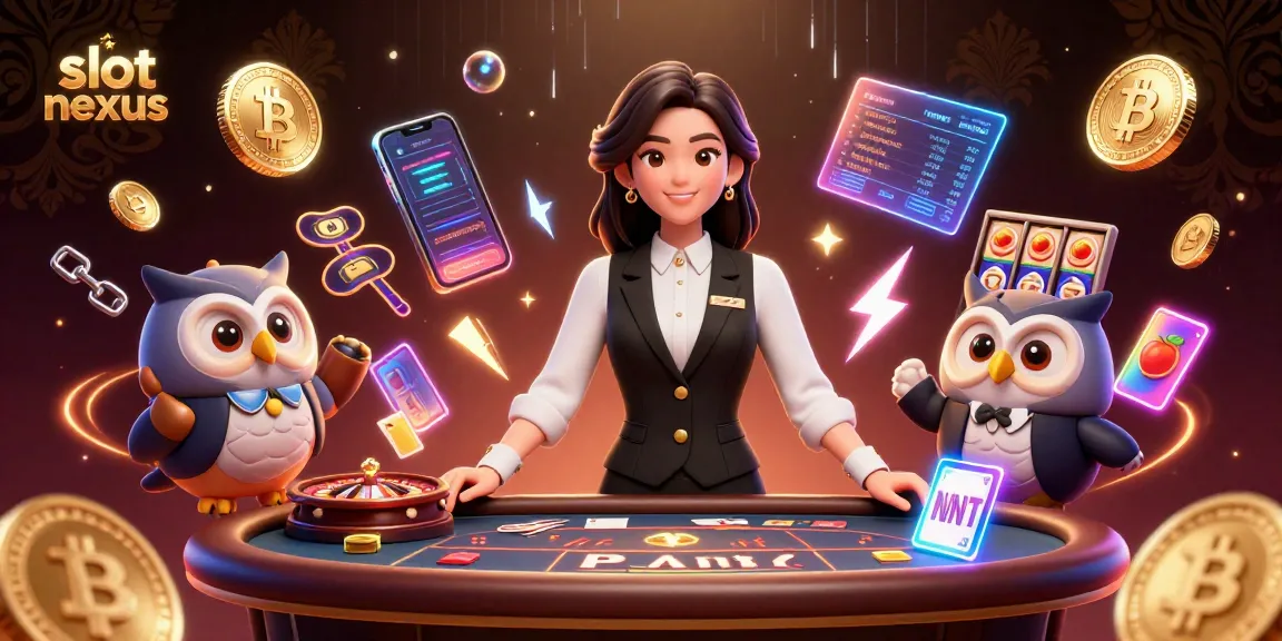 Engage with slot nexus at a dynamic casino scene featuring dealers and crypto elements.