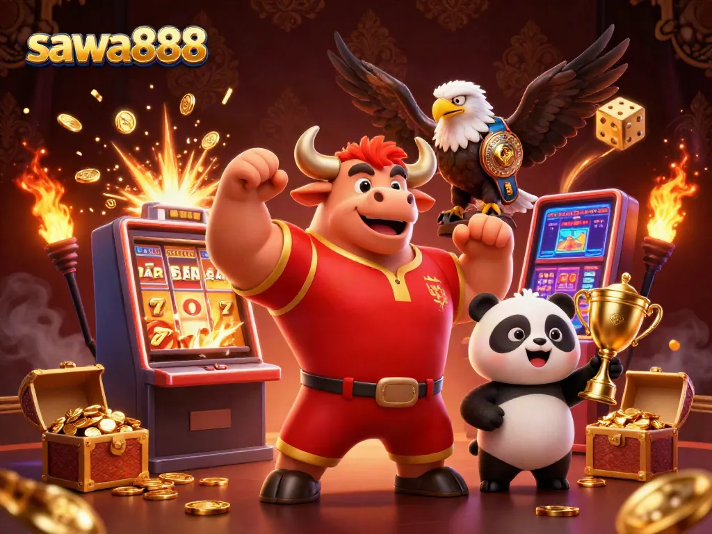 Engage in the excitement of sawa888 with a dynamic casino scene featuring a triumphant bull mascot alongside a winning panda.