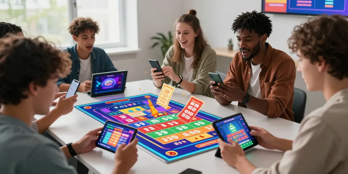 Exciting tempototo online lottery game scene with players engaged on smartphones and tablets.