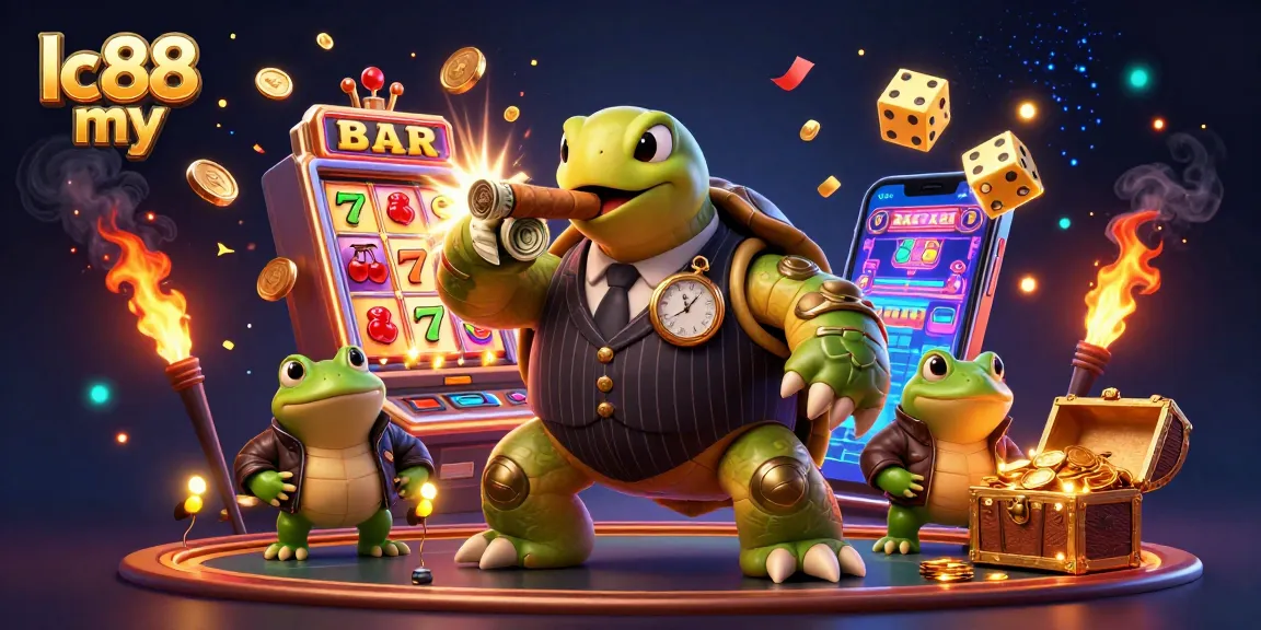 Spin and win at lc88 my with 3D illustrations of a snapping turtle in a casino setting.