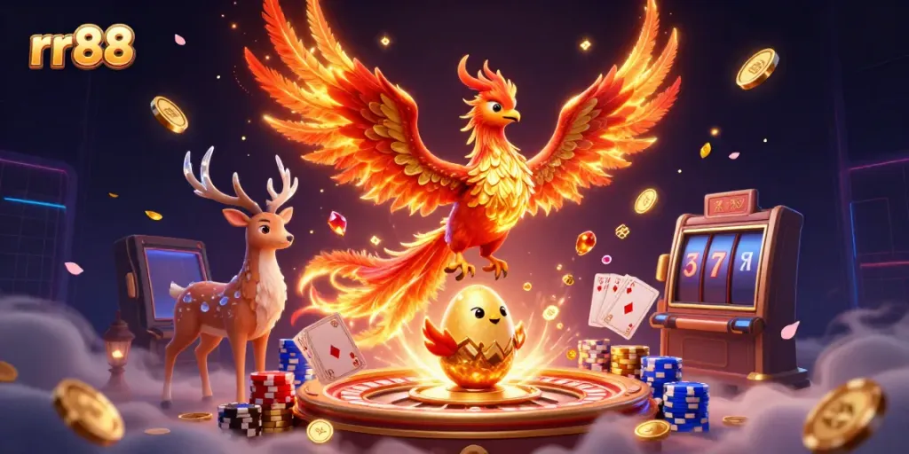 Experience thrilling gameplay at rr88 with vibrant gold coins, a phoenix, and casino elements.