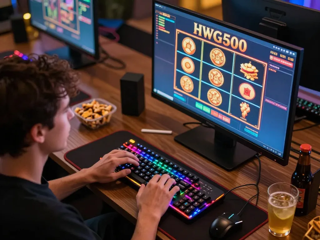 Pemain terlibat dalam permainan slot hwg500 di laptop dalam pengaturan permainan di rumah yang nyaman.