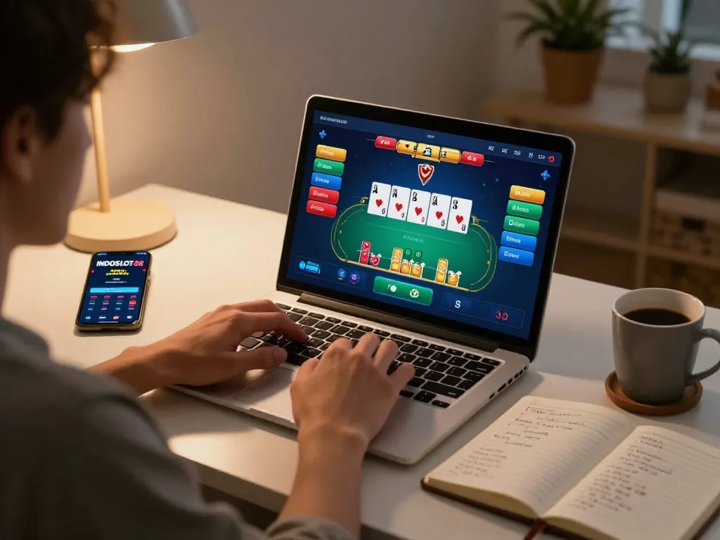 Klaim bonus anggota baru INDOSLOT89 sambil menikmati permainan poker di laptop di rumah.