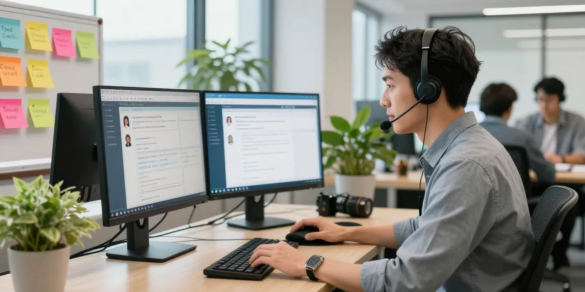 LING4D helpdesk scene with customer service agent assisting users through dual monitors in a modern office setup.